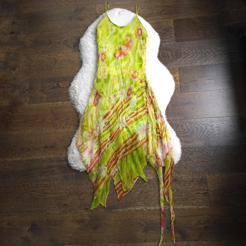 Vintage Rene Dehry Fairy French Floral Butterfly Beaded Assymetrical Dress